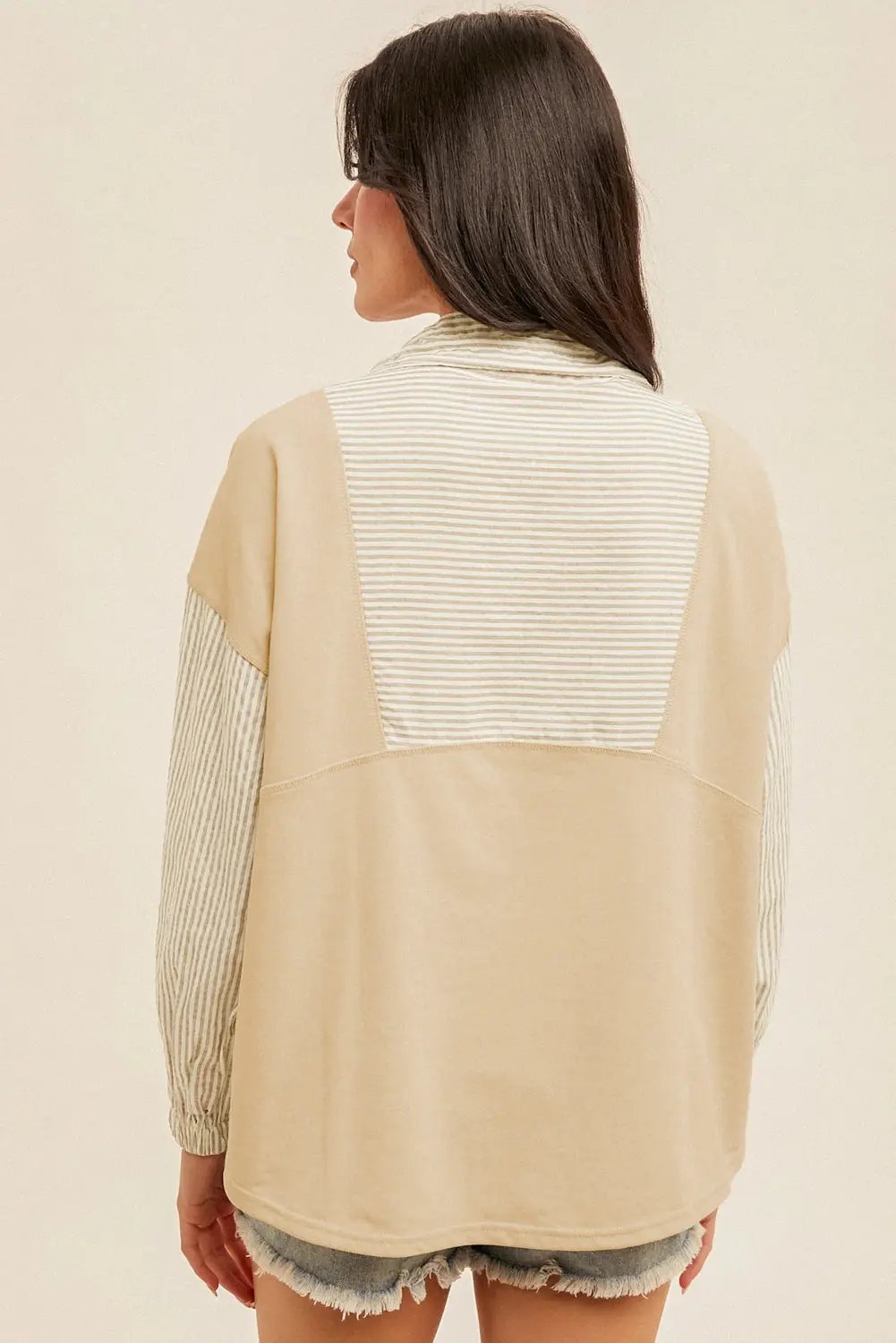 Khaki Stripe Mix Half Zip French Terry Plus Size Sweatshirt Dear-Lover Dropshipping